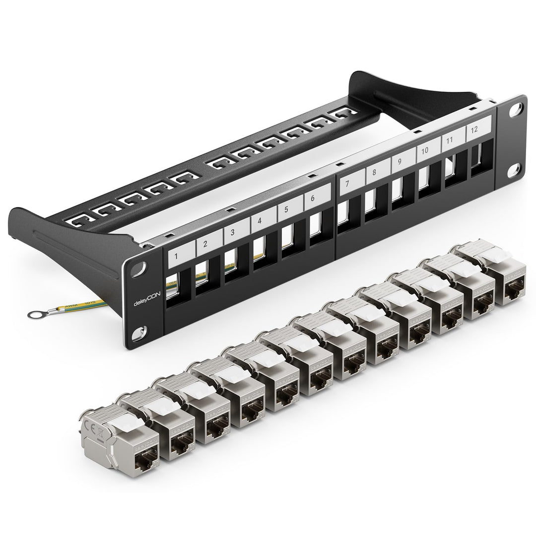 deleyCON 12 Port CAT7 Patchpanel SET Patchfeld Verteilerfeld Modular 1 HE 10" Zoll Rackeinbau + 12x