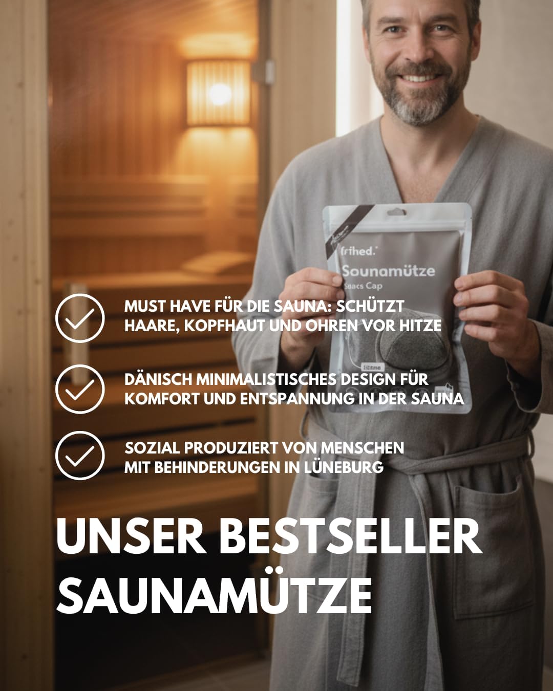 frihed. Sauna Geschenkset - mit Saunahut in senf & Saunaaufguss Orange in Geschenkverpackung - für M