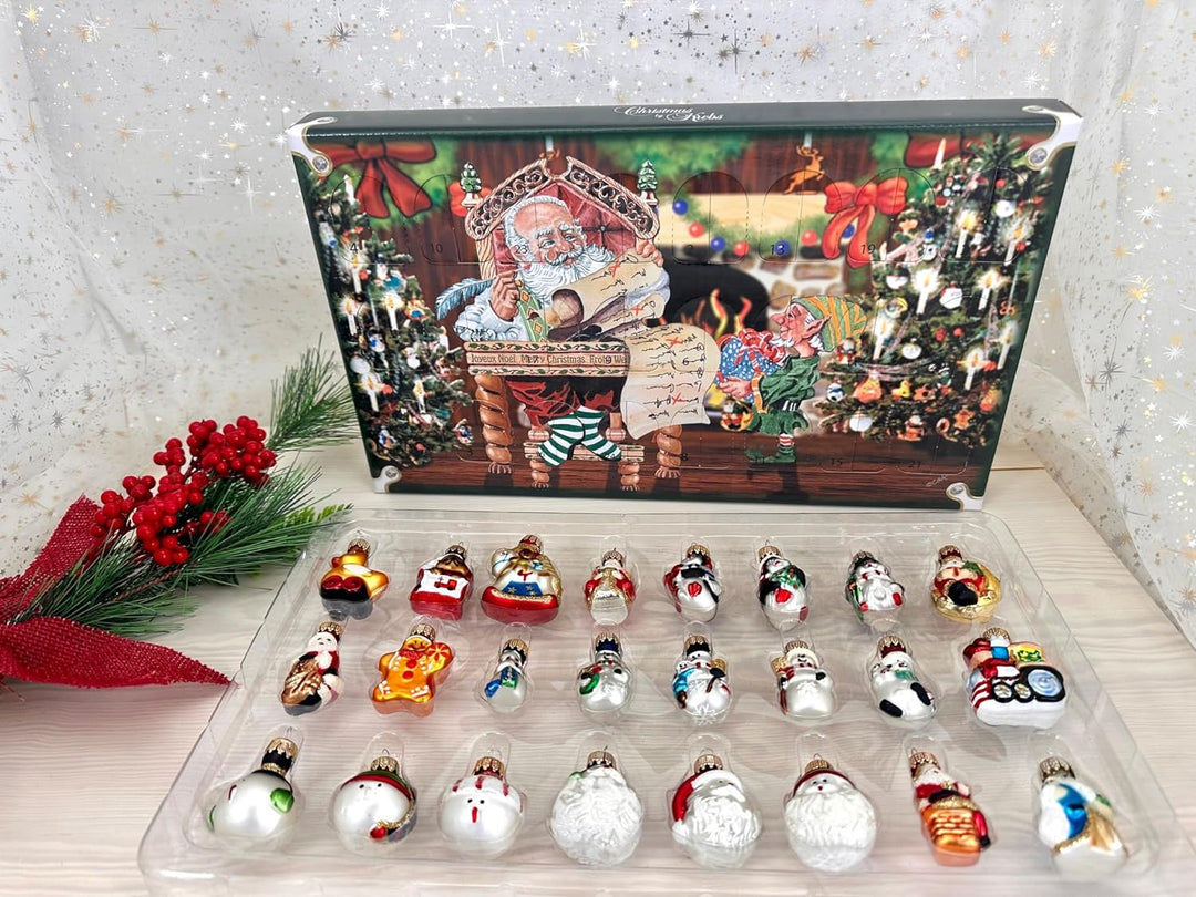 Adventskalender Weihnachtskalender mit Mini-Glasfiguren 4 cm Baumschmuck mundgeblasen und handdekori