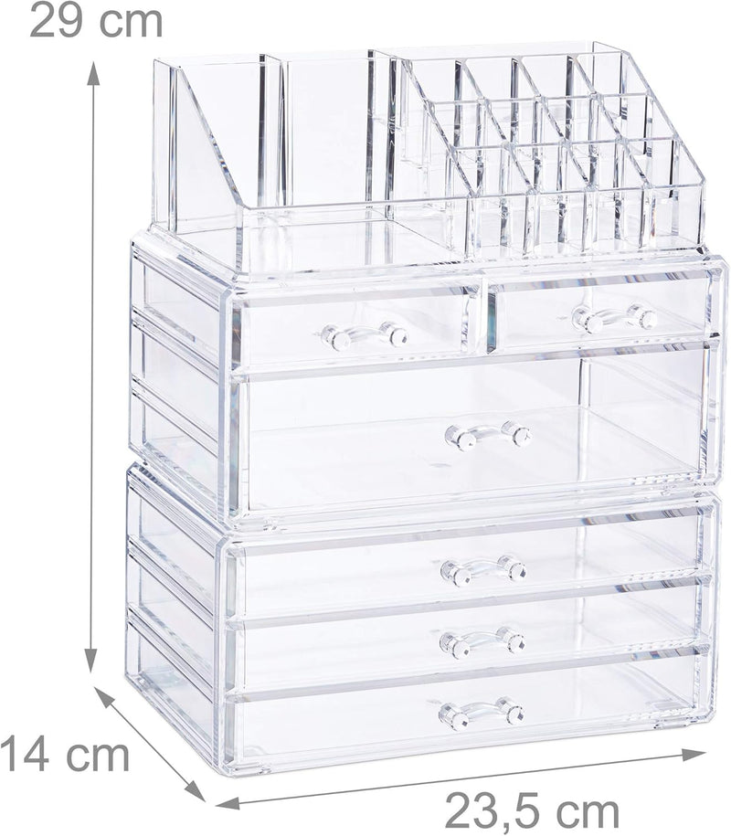 Relaxdays, transparent Kosmetikorganizer mit 6 Schubladen, 22 Fächer Make Up Organizer, Schmink-Aufb