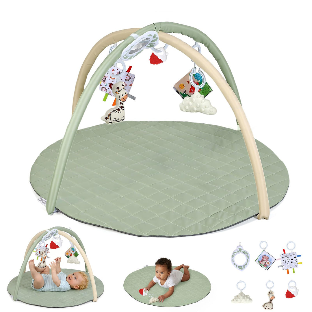 Baby-Spielmatte, Spielbogen mit Spielzeug, Spiegel und Stoffbuch – Boden-Spieldecke (Ø 90 cm) mit ab