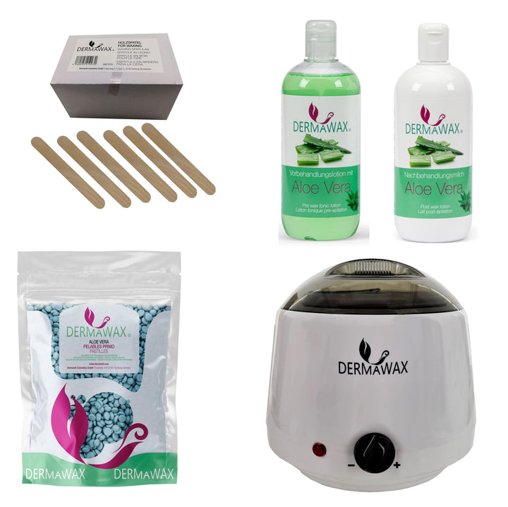 Dermawax Profi Waxing Set- 1000 ml Wachsgerät- Made in Spanien- 1 kg Aloe Vera Wachsperlen- 500 ml A