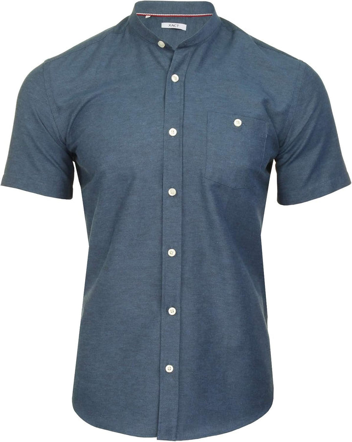 Xact Herren Oxford Grandad-Mandarinkragen Kurzarmhemd M Denim Blue, M Denim Blue