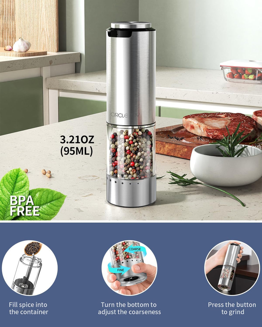CIRCLE JOY Wiederaufladbarer Pfeffermühle Elektrischer Gewürzmühle aus Edelstahl mit Waschbarem 95ml