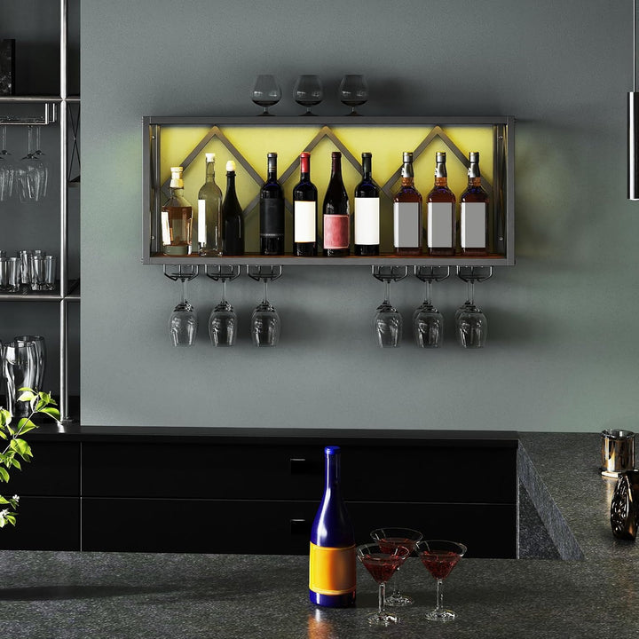 COSTWAY Weinregal Wand mit LED Beleuchtung, 2 Ebenen Flaschenregal Holz mit Metallrahmen, mit 6 Reih