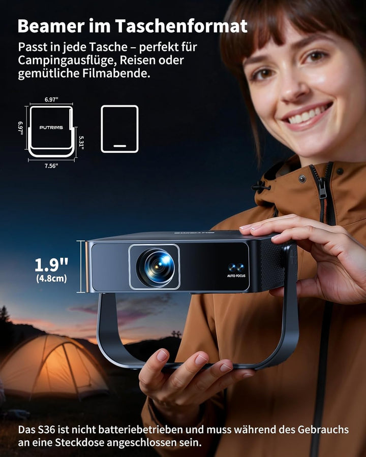 Smart Beamer【Kompatibel mit Netflix/Live TV/330° Drehbar】Mini Beamer 4K mit Autofokus/6D Trapezkorre