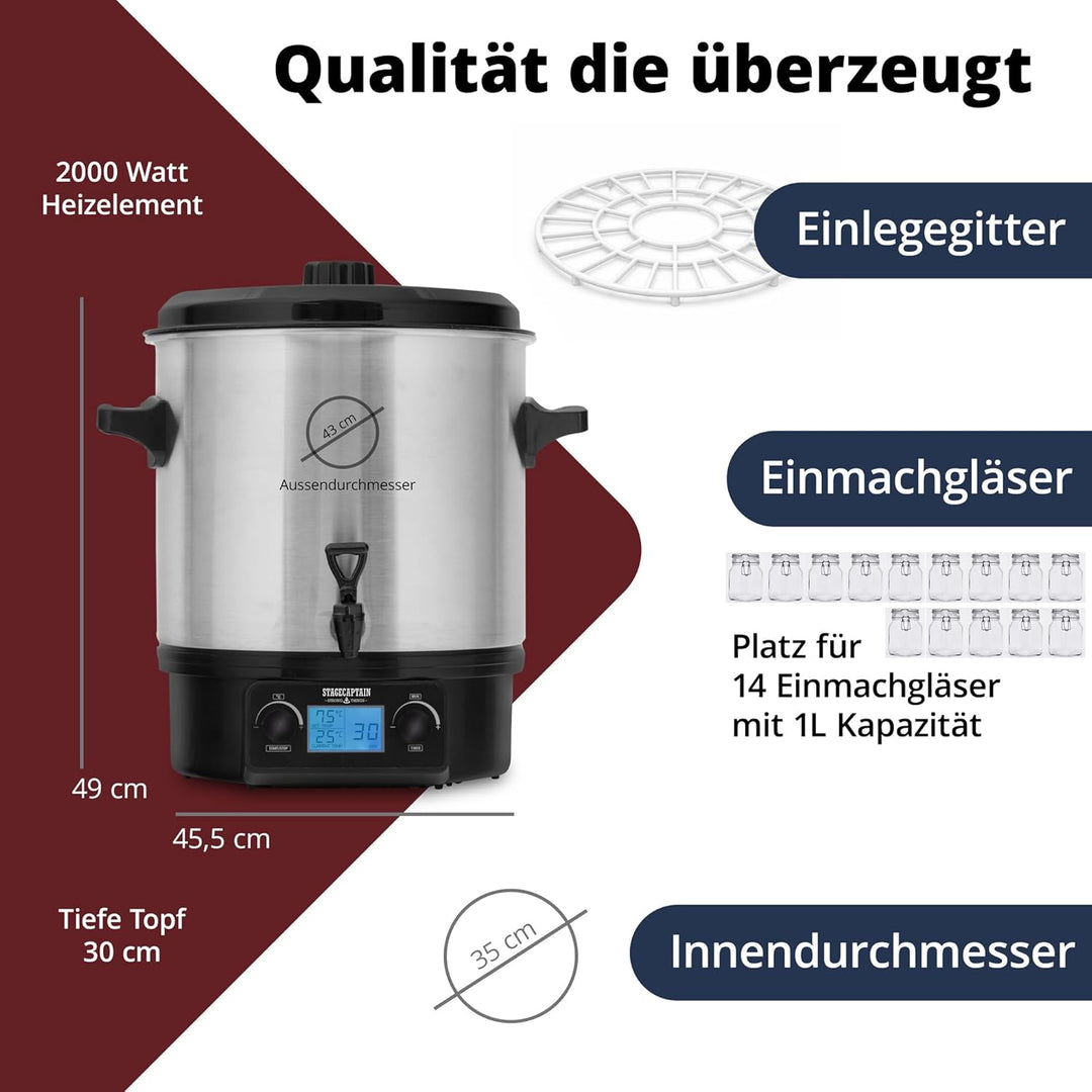 Stagecaptain GWK-27D Glühweinkocher - Digitaler Einkochautomat mit 27 Liter - LCD-Anzeige - 2000 Wat