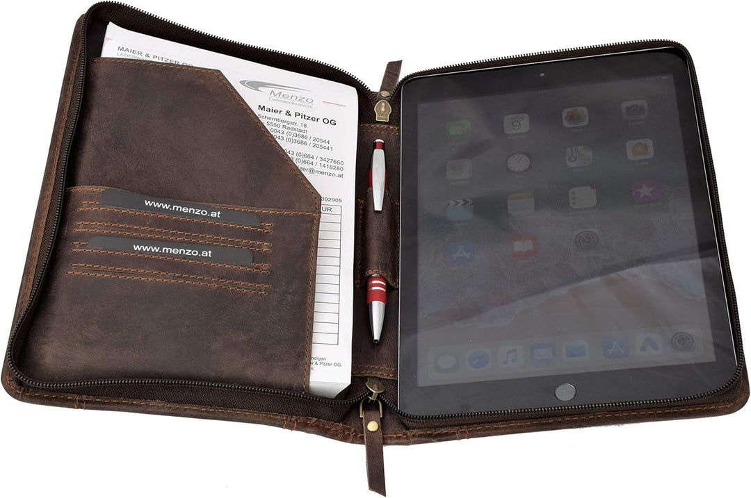 Menzo A5 Schreibmappe aus echten Leder, Dokumentenmappe, Damen und Herren, Mappe… (marrone), marrone