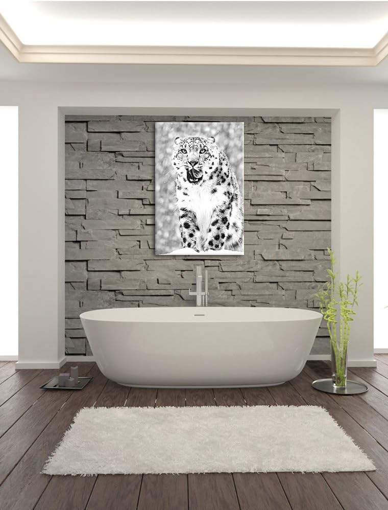 Pixxprint Leopard im Schnee Kunst B&W / 100x70cm Leinwandbild bespannt auf Holzrahmen/Wandbild Kunst