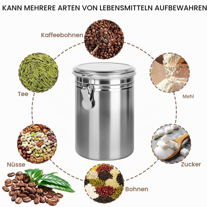 2 Stück Kaffeedose Luftdicht mit Deckel, 1.8 L Kaffeebohnen Behälter aus Edelstahl, kaffeebohnen auf