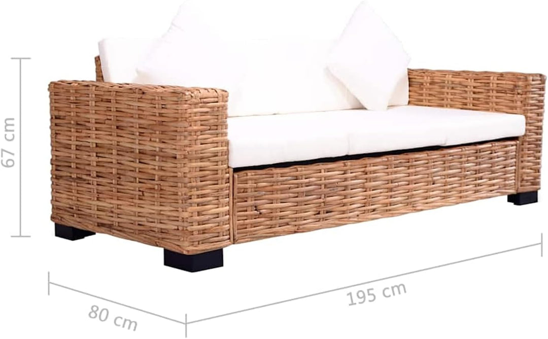 Tidyard 3-Sitzer-Sofa Rattan-Sofa Gartensofa Natürliches Rattan und Mango-Holz Loungesofa mit Sitz-