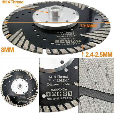 DT-DIATOOL Diamant Trennscheibe 180 mm x M14 Turbo Sägeblatt mit Schutzzähne zum Schneiden Schleifen