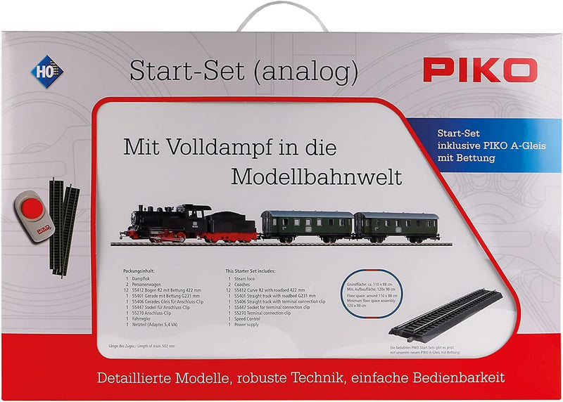 Piko 57112 Start-Set mit Bettung mit Personenzug der DB, Dampflok mit Tender und zwei Personenwagen