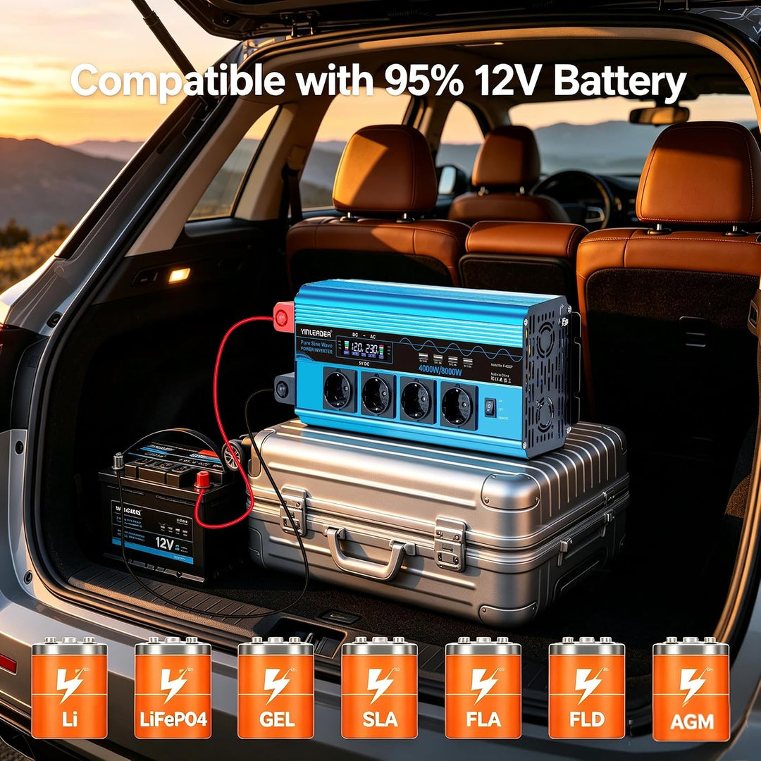 Wechselrichter 4000W Spannungswandler Reiner Sinus 12V 230V mit 4 Europäische Steckdose und 4 USB-An