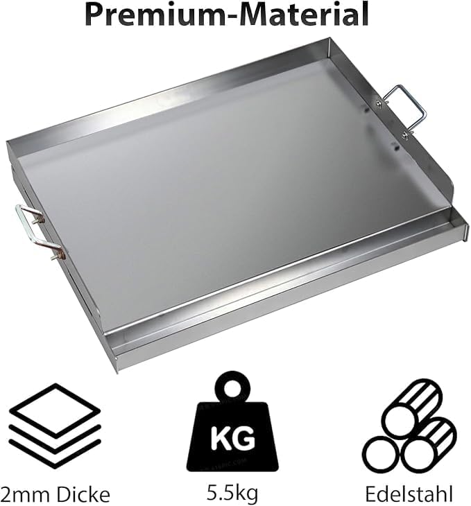 47x32x7 CM, Edelstahl-Grillplatte, geeignet für Gas- und Holzkohleöfen, mit Schaufeln und Schabern,