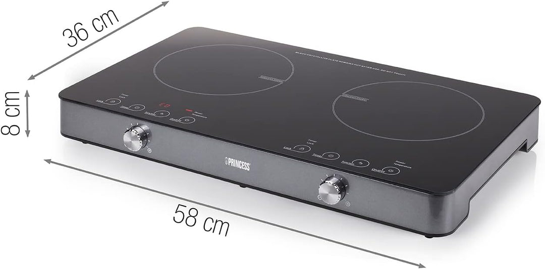 Princess Induktionsdoppelkochplatte mit Touchbedienfeld – LED-Display, 1800 + 1300 Watt, Einzelbedie