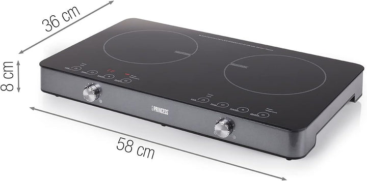 Princess Induktionsdoppelkochplatte mit Touchbedienfeld – LED-Display, 1800 + 1300 Watt, Einzelbedie