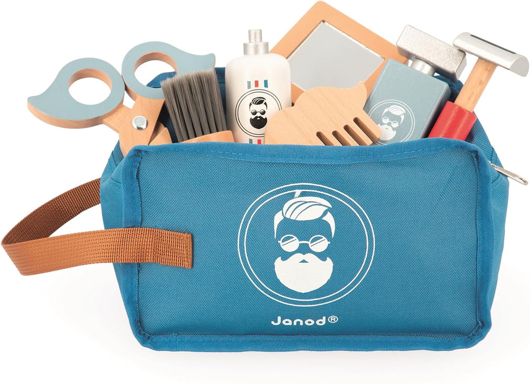 JANOD - Barbierkoffer für Kinder - 7 Holz-Accessoires + Etui - Rollenspielzeug - Entwickelt die Fant