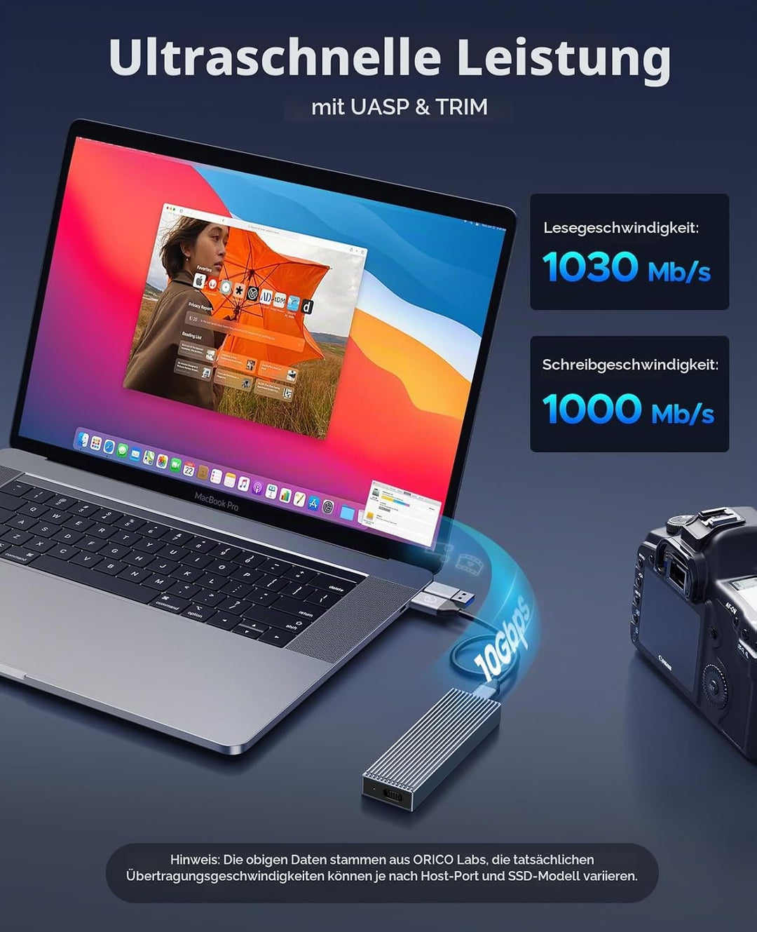 ORICO M.2 SSD Gehäuse [Werkzeuglos], NVMe Gehäuse USB 3.2 Gen2 10Gbps, M.2 SSD Gehäuse mit 2-in-1 Ka