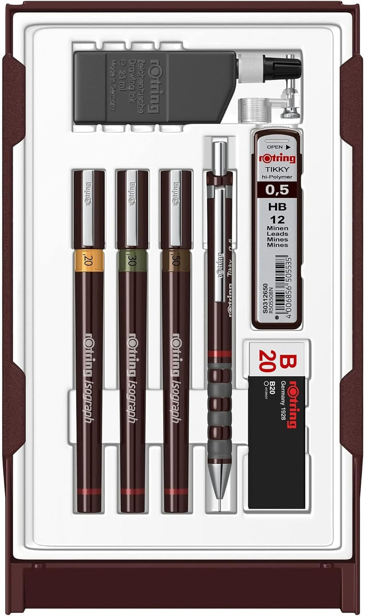 rOtring Isograph Fineliner College Set | 3 Isograph Tuschefüller (0,20 mm, 0,30 mm und 0,50 mm), Tik