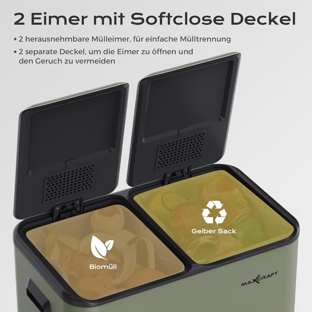 Mülleimer 60 Liter aus Stahl Treteimer Abfalleimer mit 2 Inneneimern aus Kunststoff (2x 30L) - Sanft