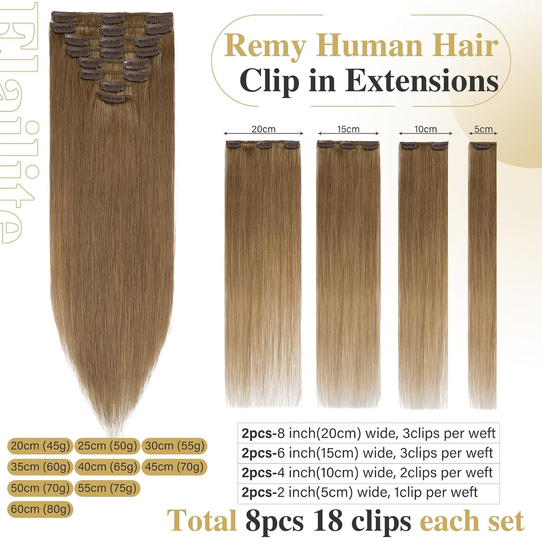 Elailite Clip in Extensions Echthaar, 8 Tressen Haarverlängerung, 20cm-45g Glattes Haarteile Haarext