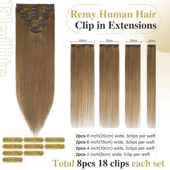 Elailite Clip in Extensions Echthaar, 8 Tressen Haarverlängerung, 20cm-45g Glattes Haarteile Haarext