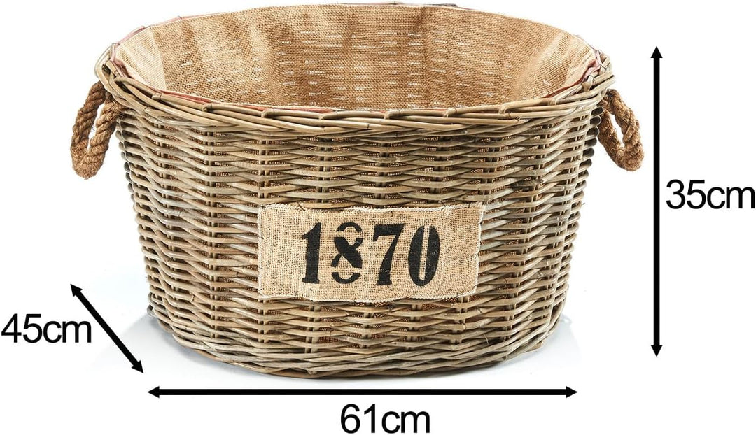 Kobolo Holztrage Holzkorb für Kaminholz oval - Rattan grau - mit Jutestoff ausgestattet - 1870