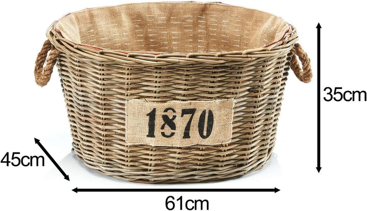 Kobolo Holztrage Holzkorb für Kaminholz oval - Rattan grau - mit Jutestoff ausgestattet - 1870