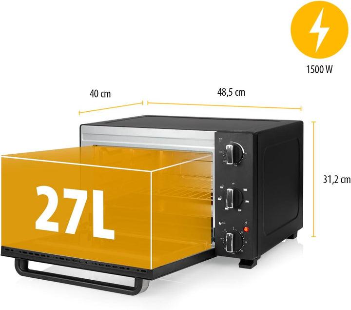 Tristar Heissluftofen, 27L Kapazität, 1500W, 6 Heizarten, Umluftfunktion, 90 Min Timer, 90–230 °C Th