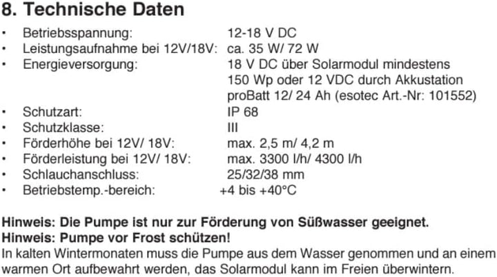 esotec Solar Bachlaufpumpe 3300/4300, Solarpumpe 12-18 V/DC, universelle Bachlauf Ersatzpumpe mit Ku