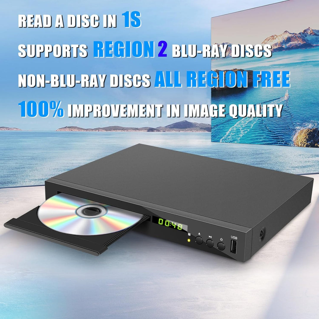 Blu-ray Player für TV, Kompakt Blu-ray-Disc-Player 1080P DVD-Player mit HDMI-Ausgang, AV-Ausgang, Ko