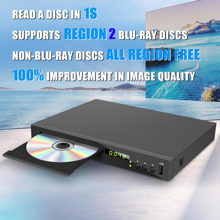 Blu-ray Player für TV, Kompakt Blu-ray-Disc-Player 1080P DVD-Player mit HDMI-Ausgang, AV-Ausgang, Ko