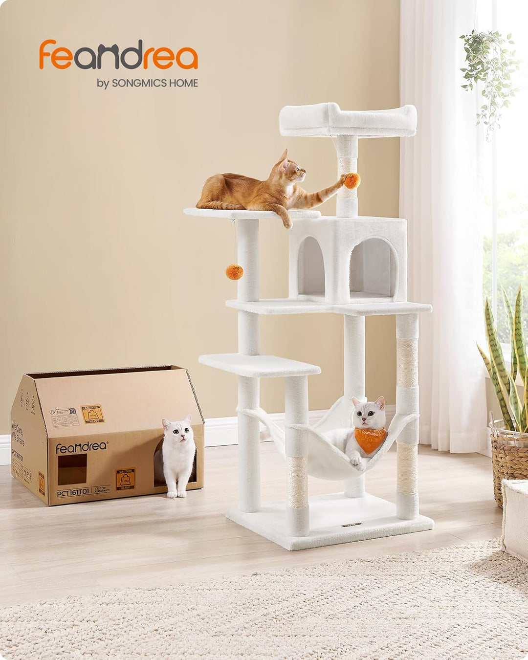 Feandrea Kratzbaum, 143 cm hoch, Katzenbaum, mehrstöckiges Katzenhaus, mit 4 Kratzsäulen, 2 Plattfor