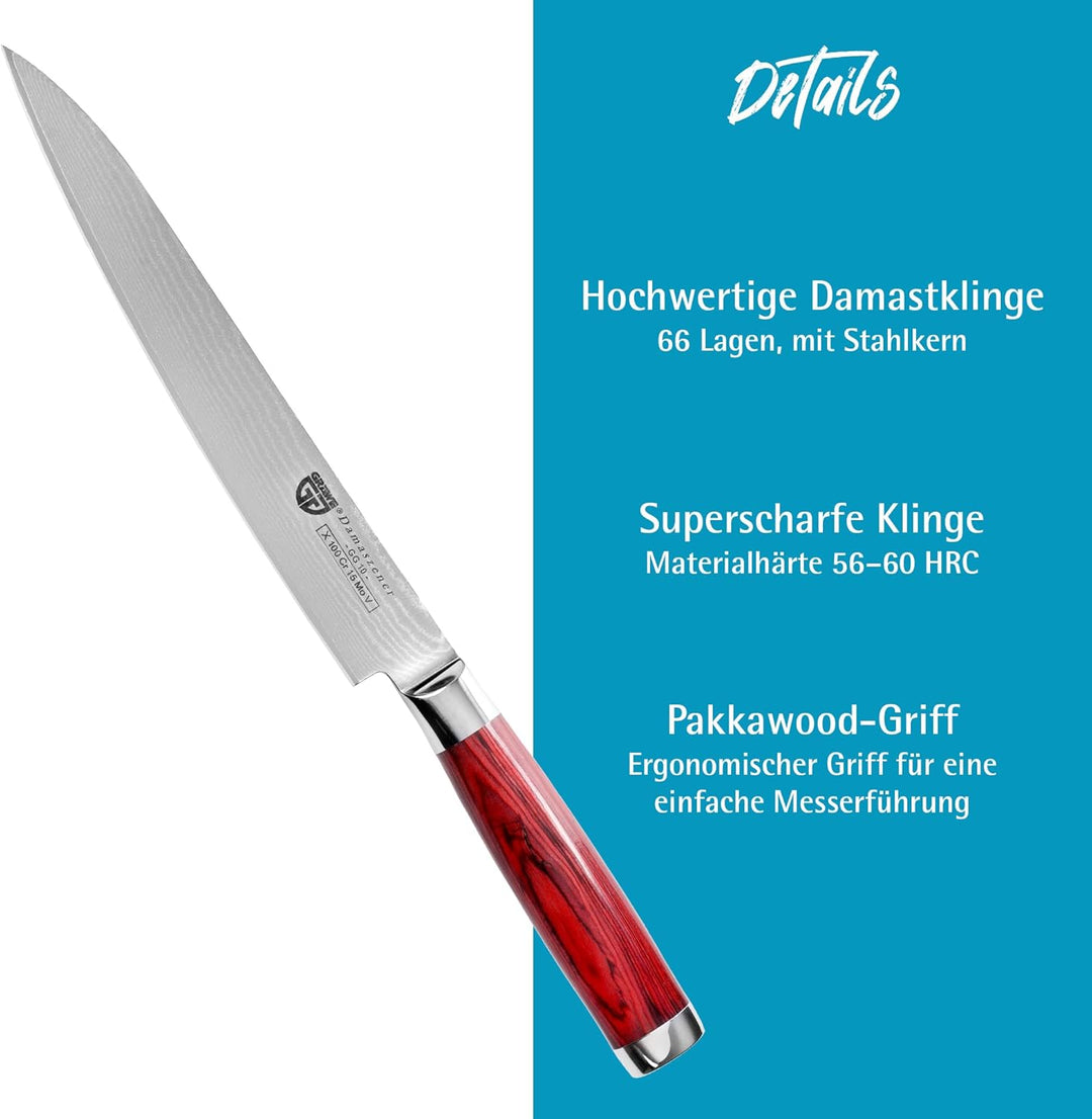 GRÄWE Damastmesser, Messer aus Damaststahl, Scharf, grosses Damaszener Santokumesser, Damast Küchenm