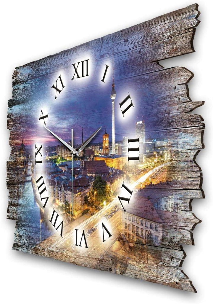 Kreative Feder Berlin bei Nacht Landhaus Shabby Designer Wanduhr Uhr aus Holz *Made in Germany leise