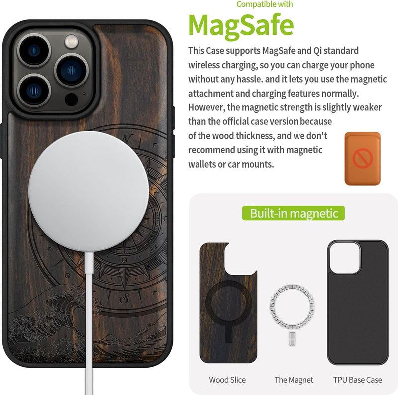 Carveit Holz Cover für iPhone 15 Pro Max Handyhulle kompatibel mit MagSafe Massivholz für Apple 15 p