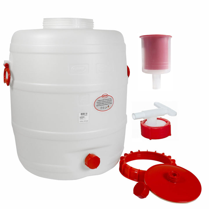 Graf Getränkefassbei Rund 80 Liter mit Auslaufhahn NW 10 und Gärspund