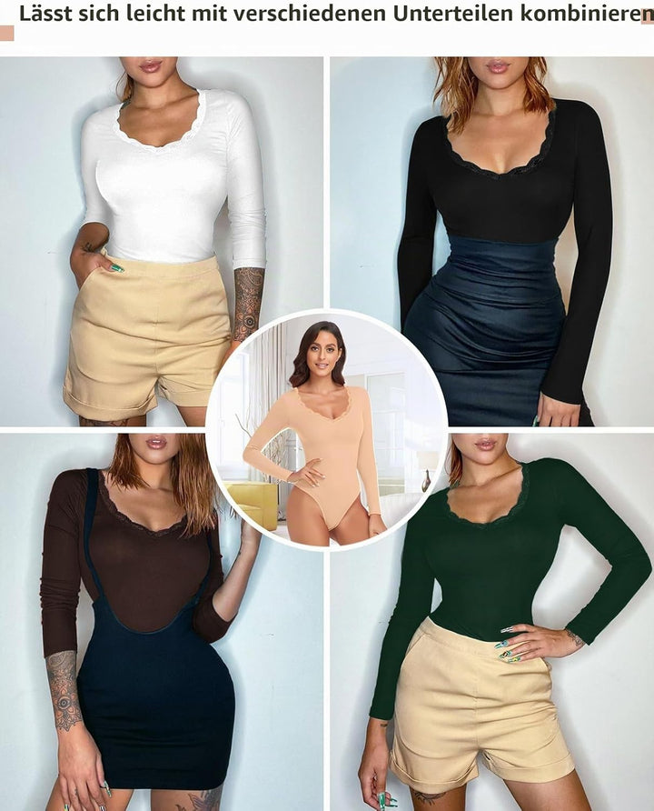 WOWENY Thermo Body Damen Langarm Elegant Langarmbody mit Spitze V-ausschnitt Fleece Bodysuit Warm Be