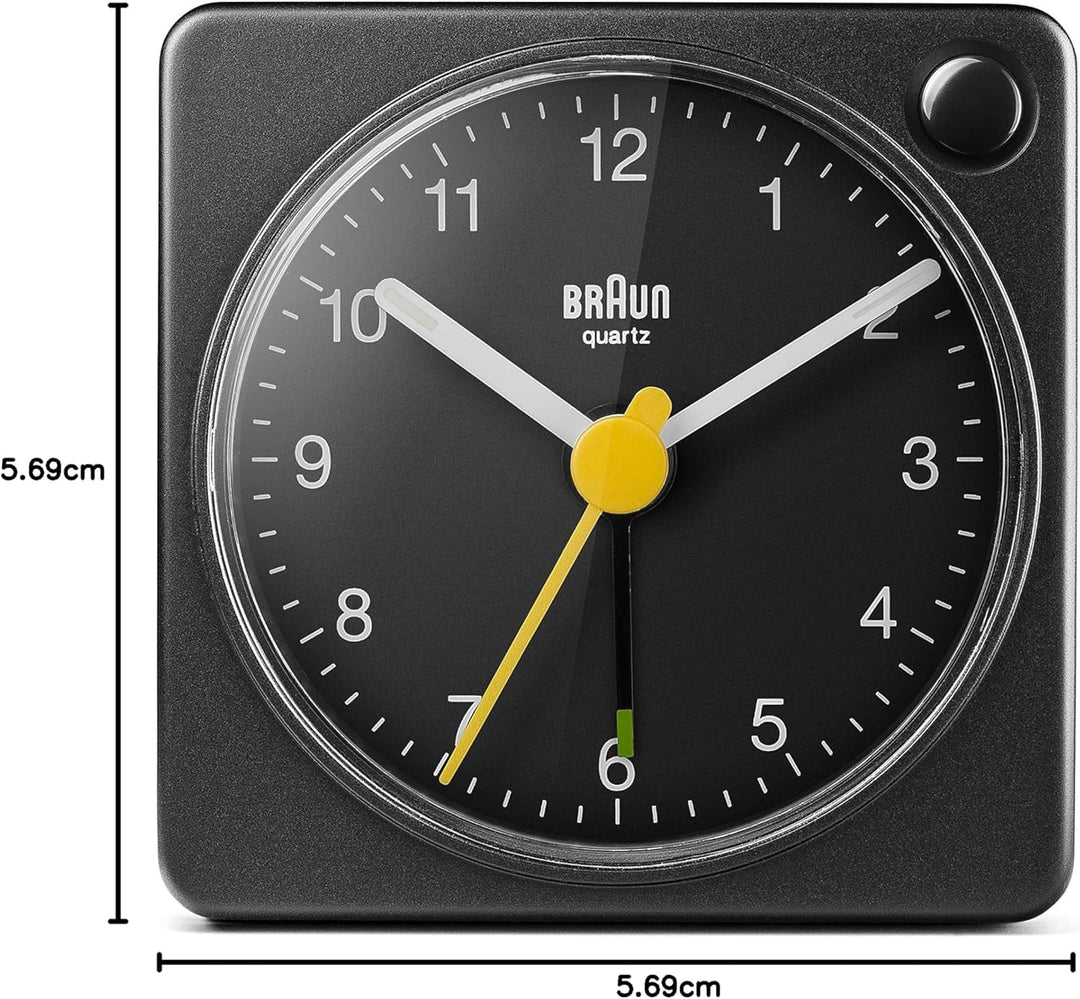 Braun Klassischer analoger Reisewecker mit Schlummerfunktion und Licht, kompakte Grösse, ruhiges Qua