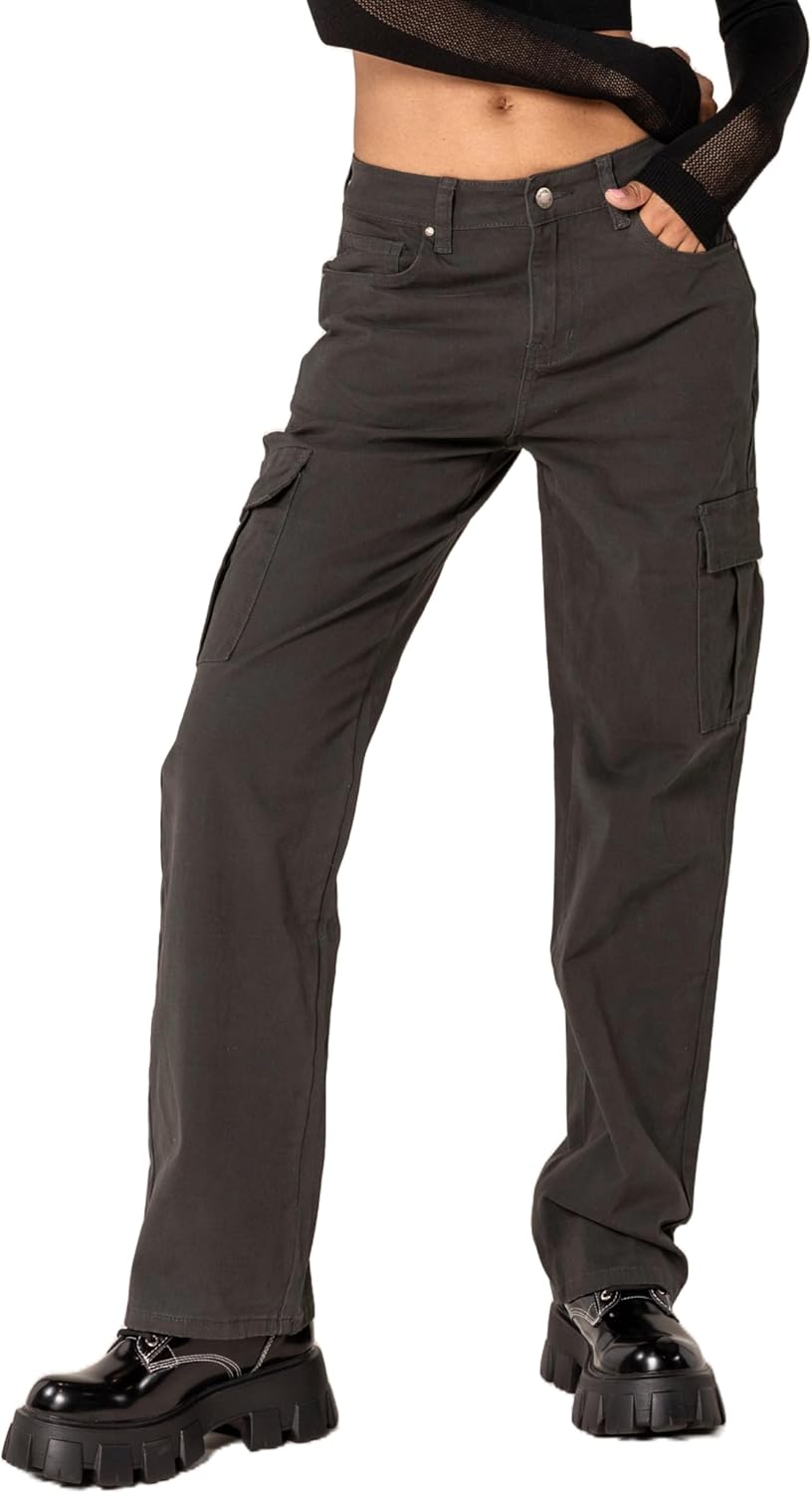 Nina Carter Q1885 Damen Cargo Jeans High Waist Cargohose Stretch Straight Leg Hose S Dunkelgrau (Q18
