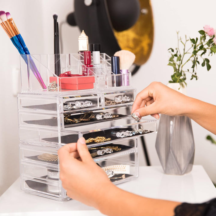 Relaxdays 1 x Make Up Organizer mit Schubladen, stapelbarer Schmuckkasten für Make Up, Acryl Schmink