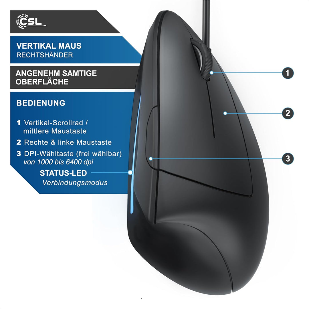 CSL - optische Maus kabelgebunden 6400 DPI - vertikale Ausführung - ergonomisches Design - Vorbeugun