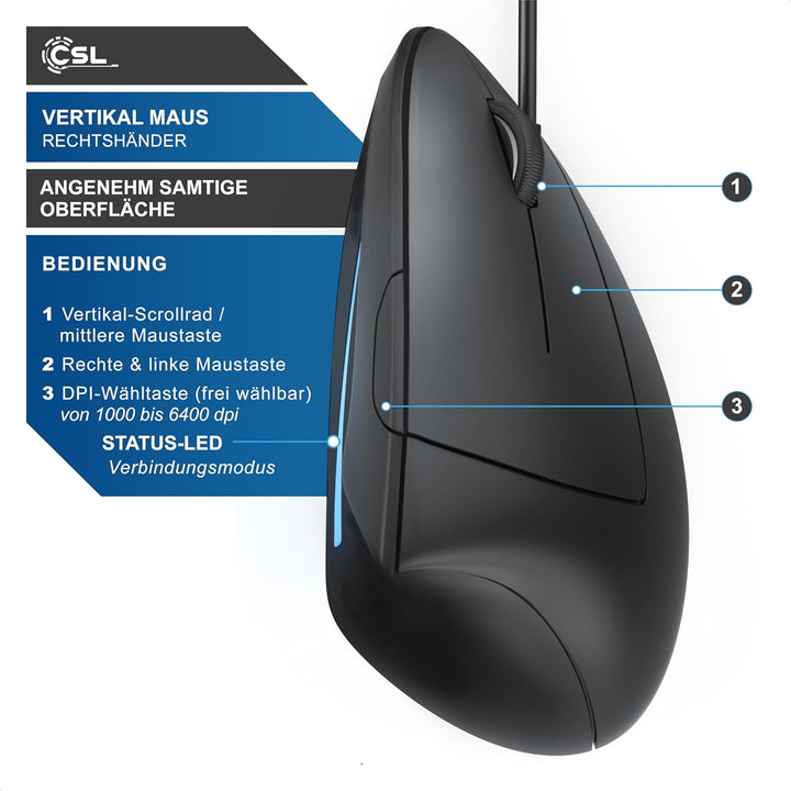 CSL - optische Maus kabelgebunden 6400 DPI - vertikale Ausführung - ergonomisches Design - Vorbeugun