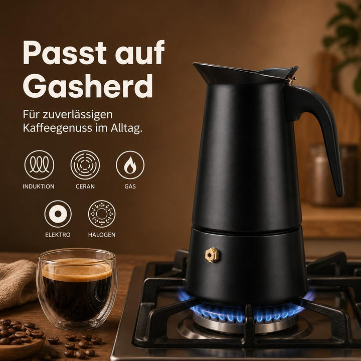 ROYAL SWISS® Edelstahl Mokkakanne 4 Tassen – Espressokocher Induktion | Italienischer Kaffeekocher |