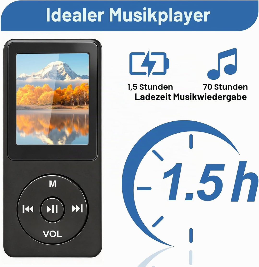 MP3 Player Bluetooth 5.3 64 GB mit 1,8 Zoll TFT Farbdisplay, HiFi Musik Player mit Lautsprecher, Kop
