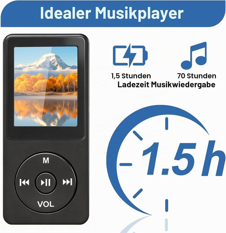 MP3 Player Bluetooth 5.3 64 GB mit 1,8 Zoll TFT Farbdisplay, HiFi Musik Player mit Lautsprecher, Kop