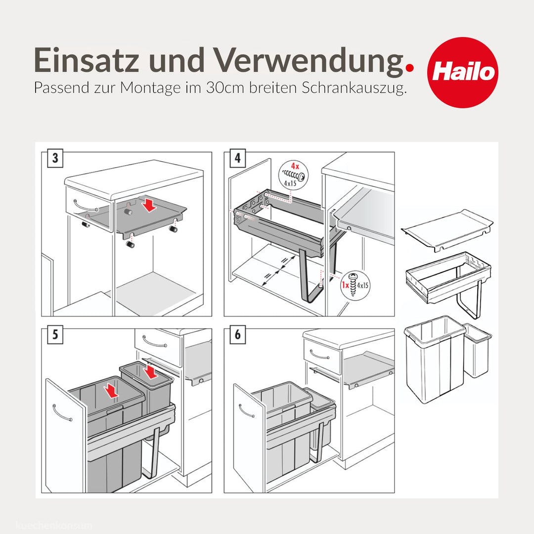 Hailo Abfallsammler 38+7 L Tandem | Einbau-Abfallsystem für Schränke | Küchen-Mülleimer mit 2fach Mü