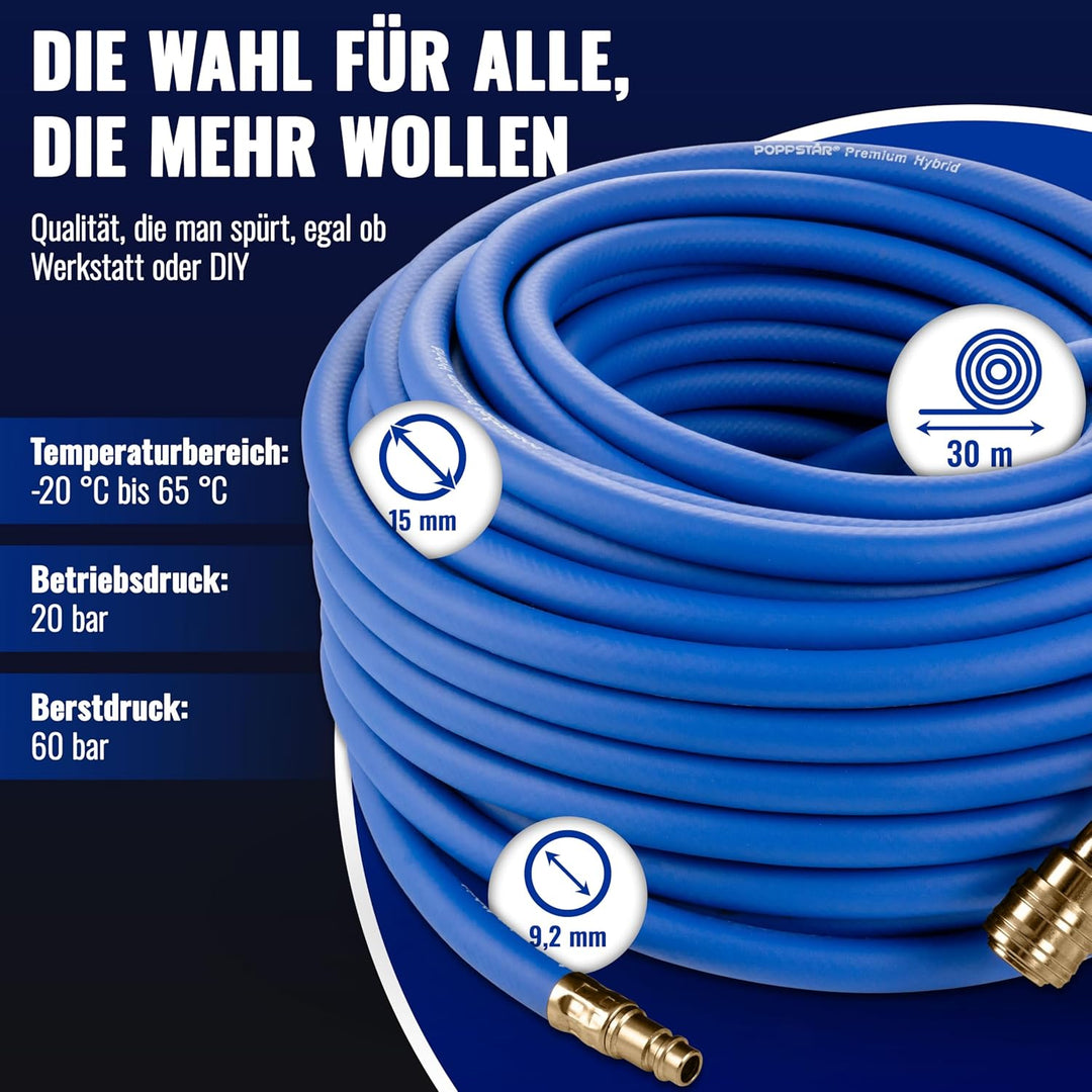 Poppstar Druckluftschlauch 30 m (Hybrid PVC mit Gewebe, Innendurchmesser 9,2mm mit Messing-Schnellku