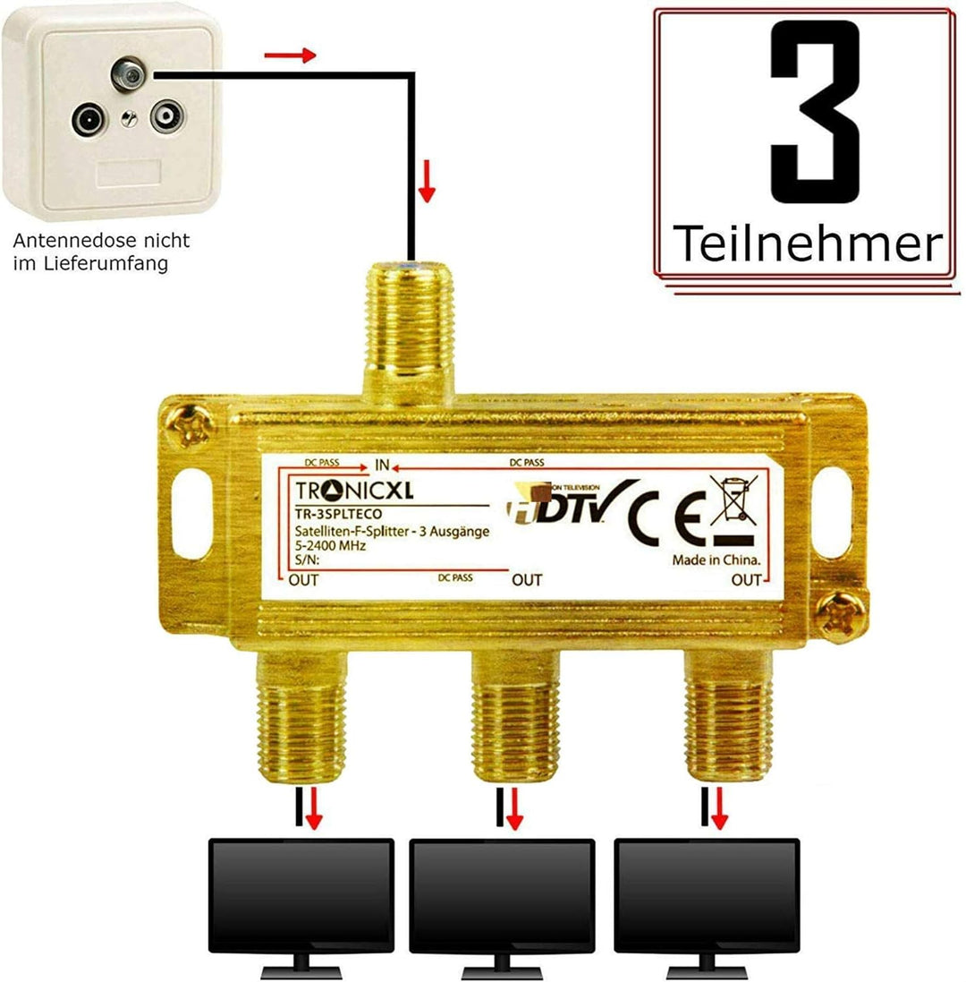 TronicXL 3fach BK CATV Breitband Kabel Verteiler 3-Fach TV Weiche für DVB-T Kabelfernsehen SAT Split